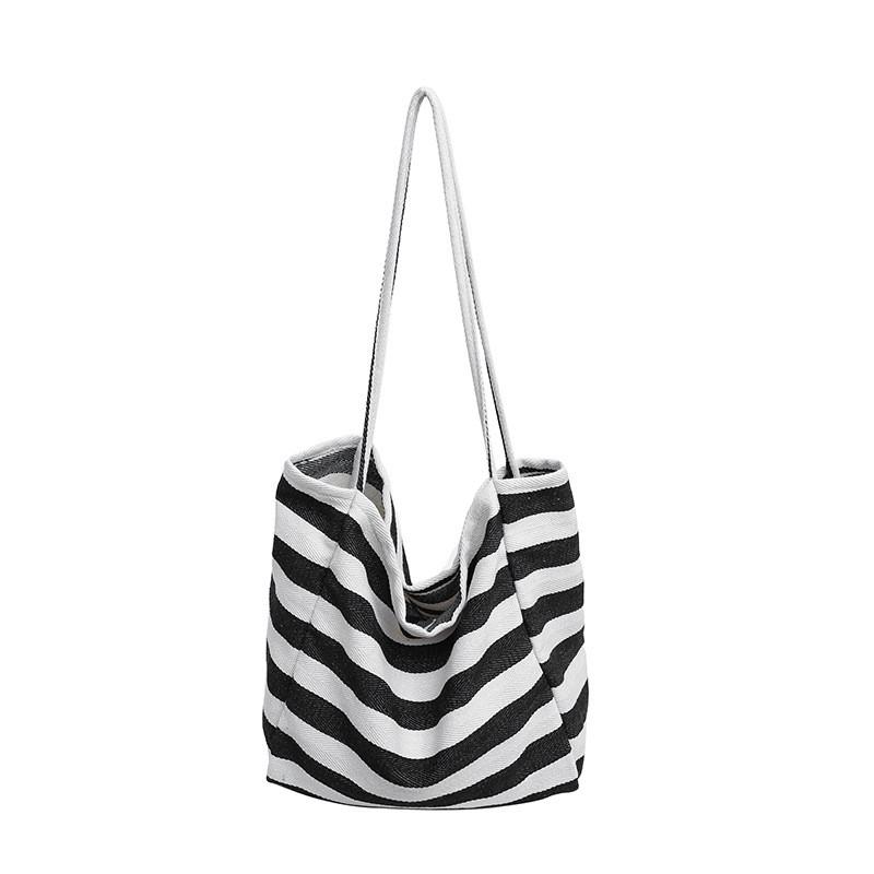 Stylish Korean Ins Color Block Striped Canvas Tote Bag Large Capacity For Shopping