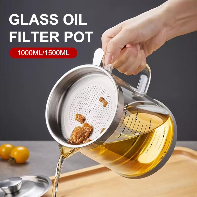 1L/1.5L Stainless Steel Glass Oil Strainer Pot Container Jug Storage Can With Filter Cooking Oil Pot For Kitchen Household Tools