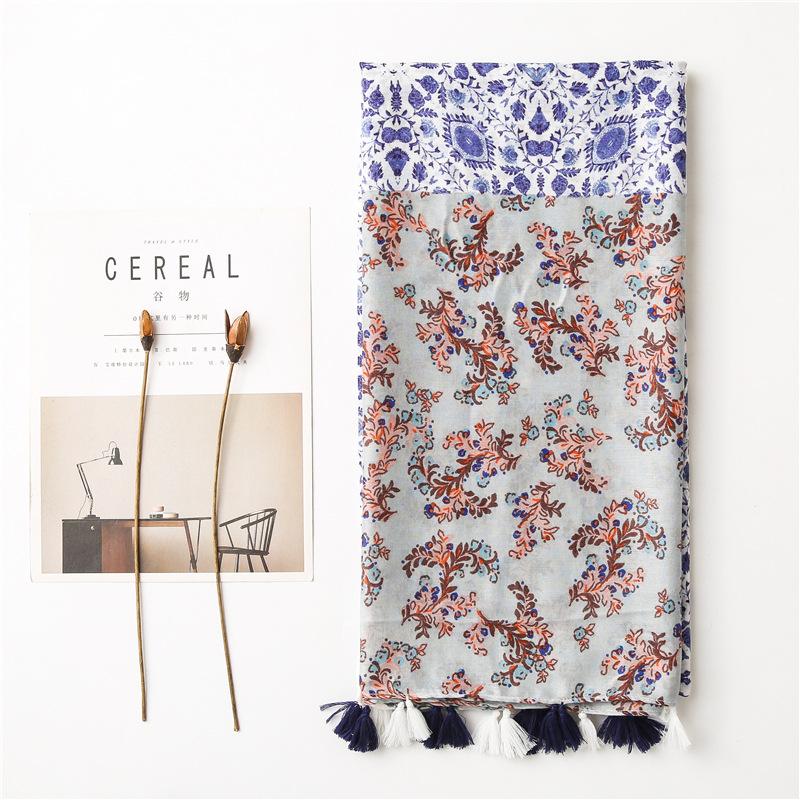 Women'S Four Seasons Fresh And Elegant Blue Floral Tassel Cotton And Hemp Scarf Sunscreen Shawl Multi Functional Dual Purpose Scarf Silk Scarf