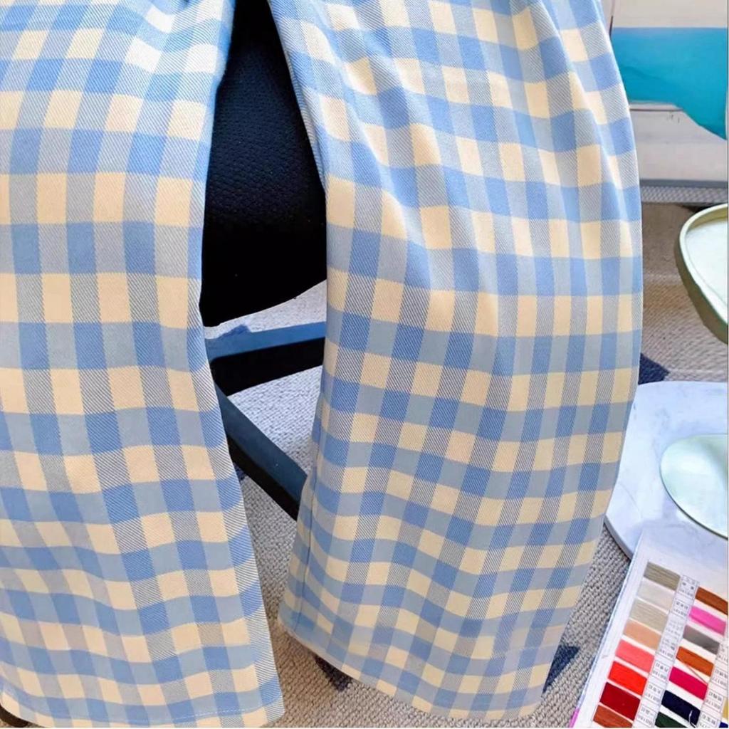 Women's Blue & White Checkered Wide-Leg Pants - Loose, Plus Size, Slimming, Floor-Length