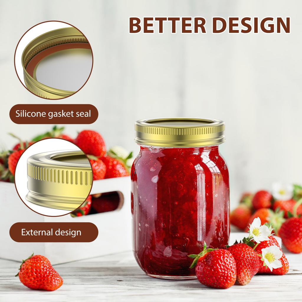 30Pcs Mason Jar Lids with Date Food Seal Cap Canning Lids with Rings Regular Mouth Metal Sealing Canning Lids Sliver Golden