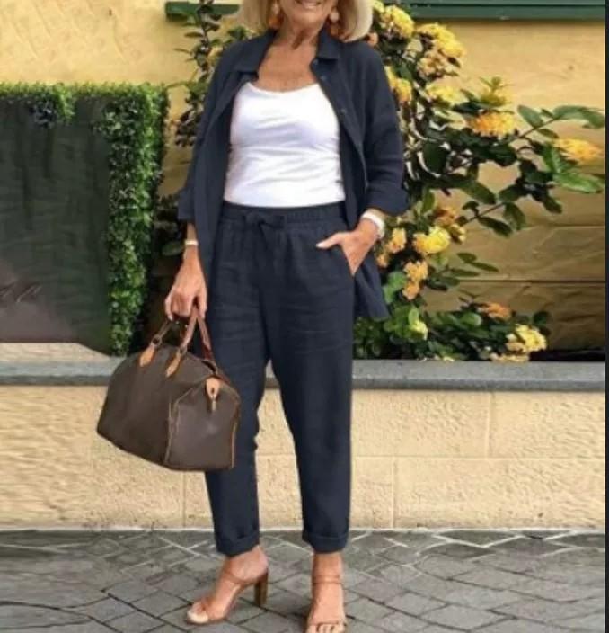 Autumn Spring Casual Suit Women Cotton Linen 2 Piece Set Solid Color Loose Button Shirt + Pants Sets Daily Women's Clothing