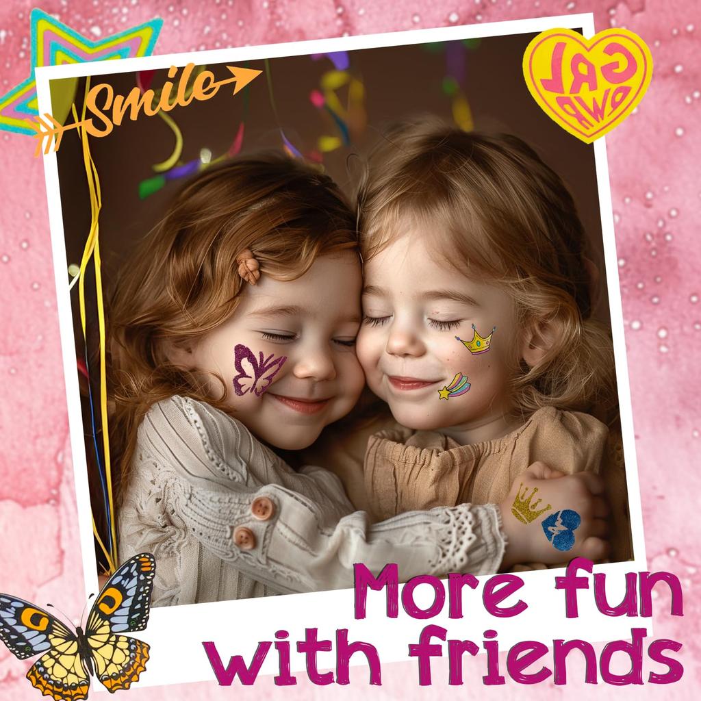 [XXTOYS] Tattoo Toys for Girls  3-color Glitter Powder (rose Pink, Gold, Blue) + 2 Tattoo Stickers + 1 Tattoo Glue + Foil Paper Set  Tattoo Set for