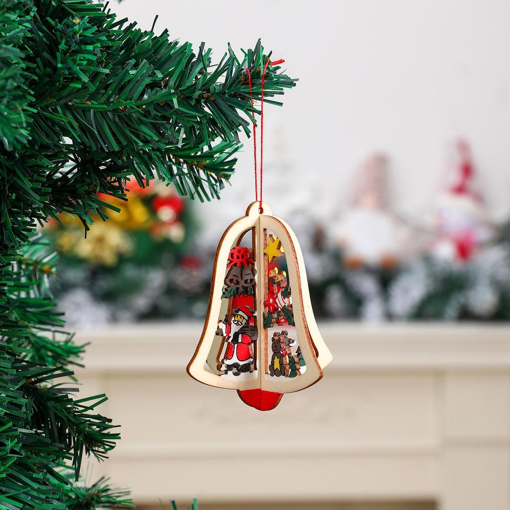 3D Wooden Christmas Tree Ornaments: Bells & Stars Scene Decoration