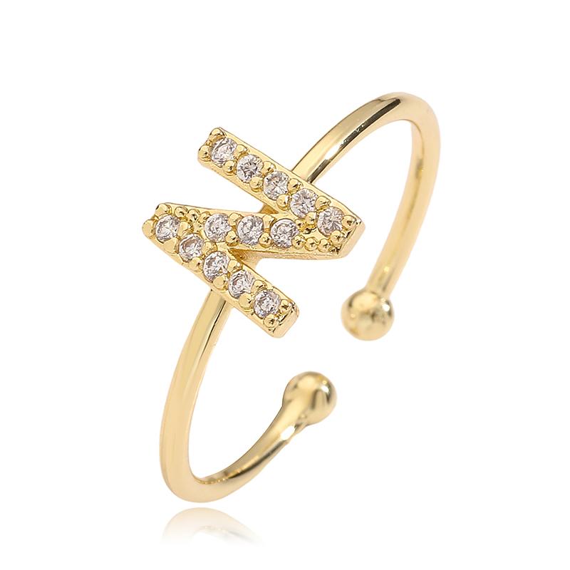 Gold Plated Brass 26 Letter CZ Initial Ring Adjustable Open Band Women Couple Jewelry Gift