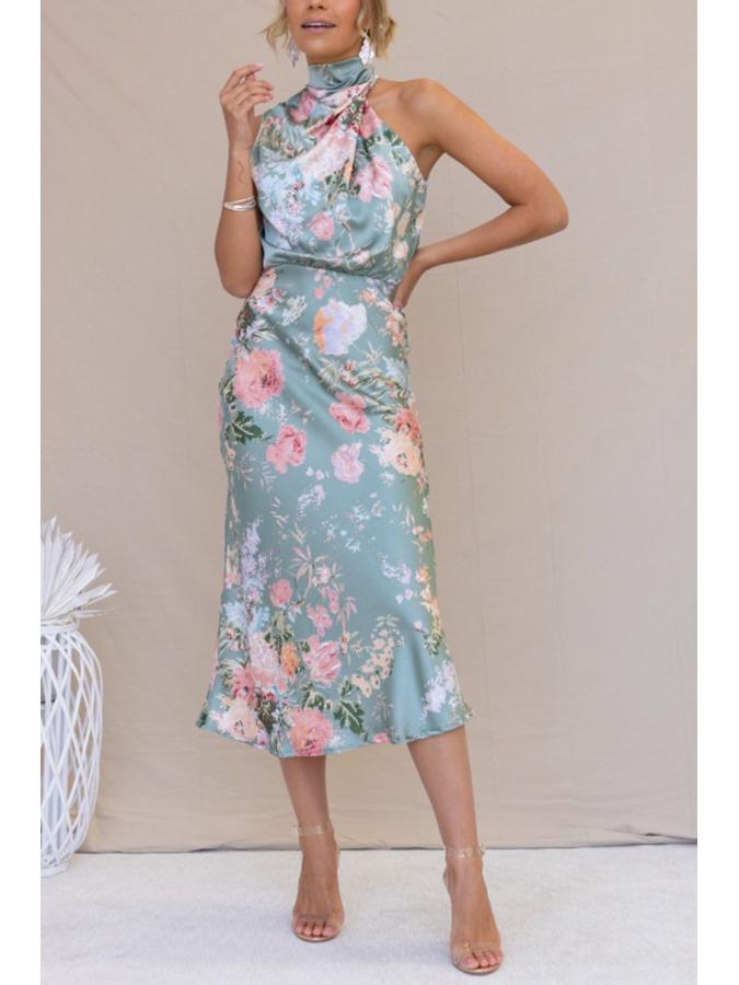 

Элегантное платье без рукавов с принтом из атласа с халтер-вырезом для зрелых женщин, 2023 S