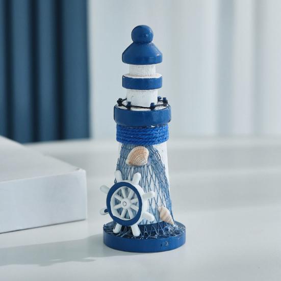 Wooden Lighthouse Figurine, Handmade Nautical Lighthouse Beach Decoration, White Blue Coastal Tabletop Decor for Home, Living Room