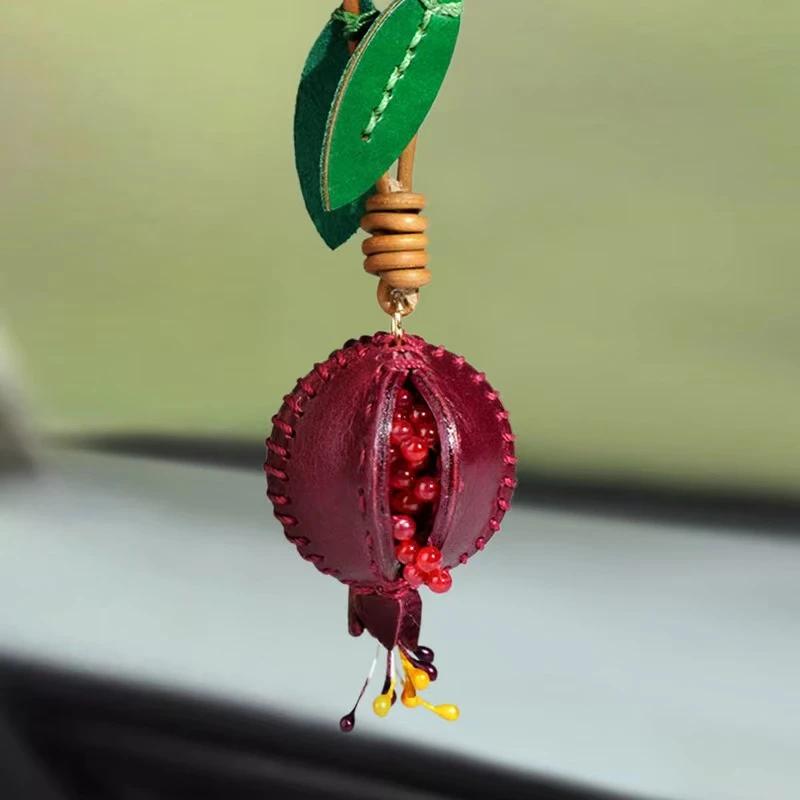 

Simulated Pomegranate Pendant Genuine Leather Fruit Shaped Car Keychain Handmade Women Bag Pendant Key Accessories Holiday Gift