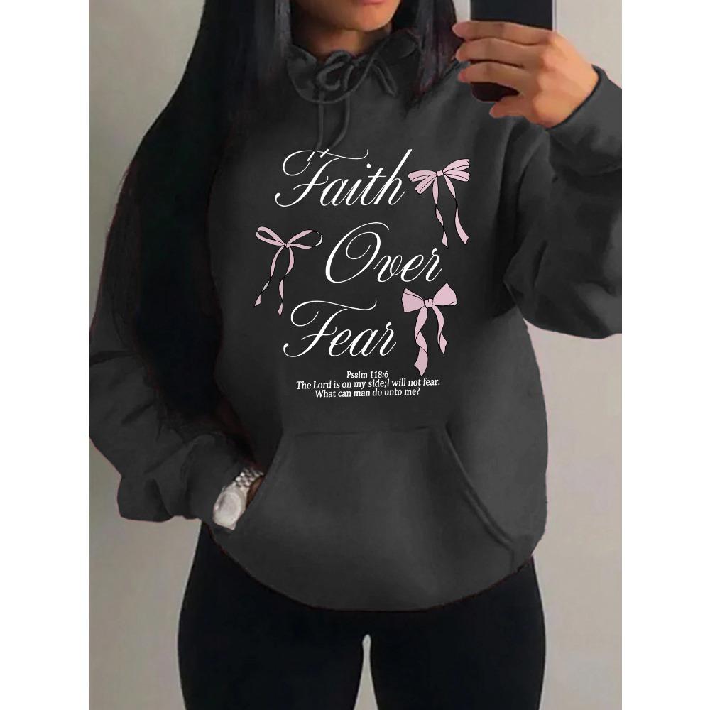 Pink Bow Faith Over Fear Printing Women Hoodies Pocket Loose Hoody Casual Fleece Y2K Hoodie Soft Woman Clothes