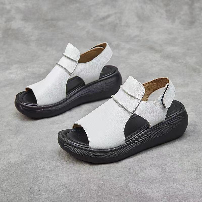 Women's Leather Thick Sole Peep Toe Sandals Summer New Lightweight Non Slip Breathable Wedges Slip On Sandals Beach Sandals