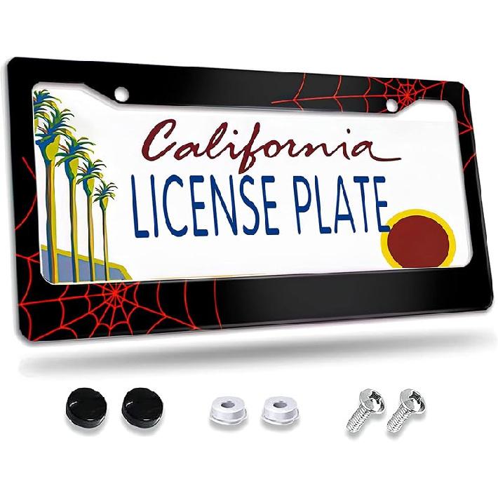 License Plate Frame,Floral Retro Daisys License Plate Frames Decorative Car Tag Frames Aluminum Metal License Plate Holder For US Canada Standard Red Spider Web