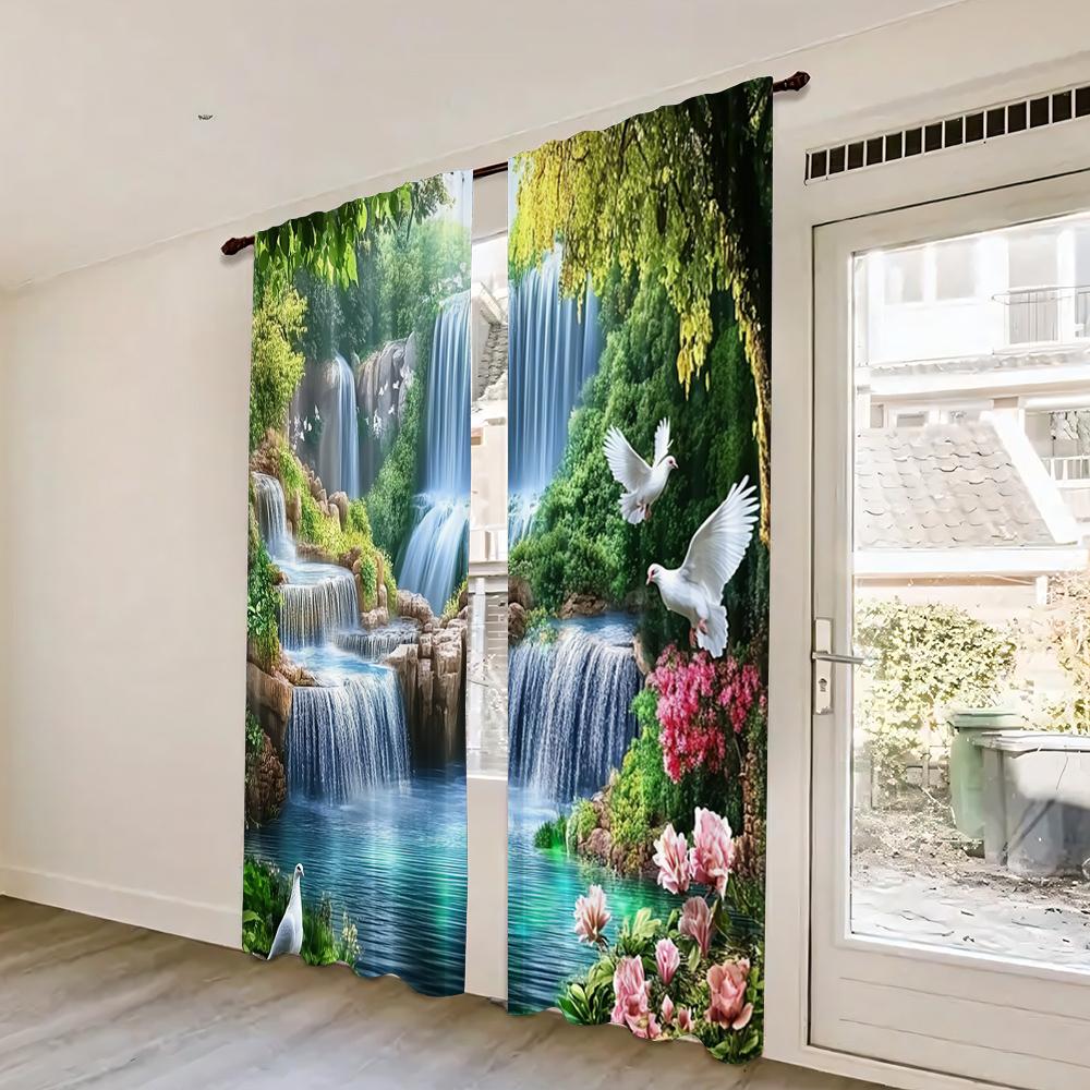 Set Of 2 Beautiful Forest Waterfall Landscape Curtain Vivid Nature Suitable Bedroom Bathroom Living Room Dining Polyester Ideal For