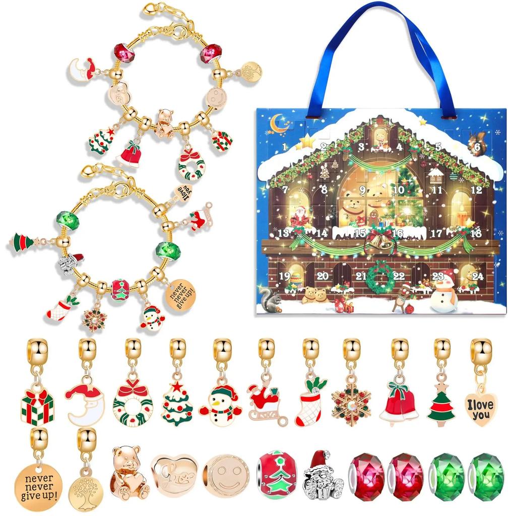Christmas Advent Calendar Bracelets 2025 24 Days Xmas Countdown Calendar DIY Jewelry Making Kit Gift 22 Sets Of Charm Beads