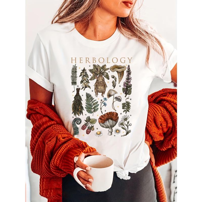 Womens Herbalist Botanical Print Tee Ginseng Herb Flower Design Short Sleeve Soft Comfortable Machine Washable All Season Casual Top for Gardeners