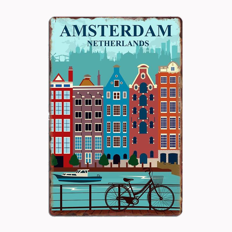 

Amsterdam Travel Poster Metal Poster Sign Club Custom Indoor Wall Tin Sign Room Decor Home Decor 20X30CM