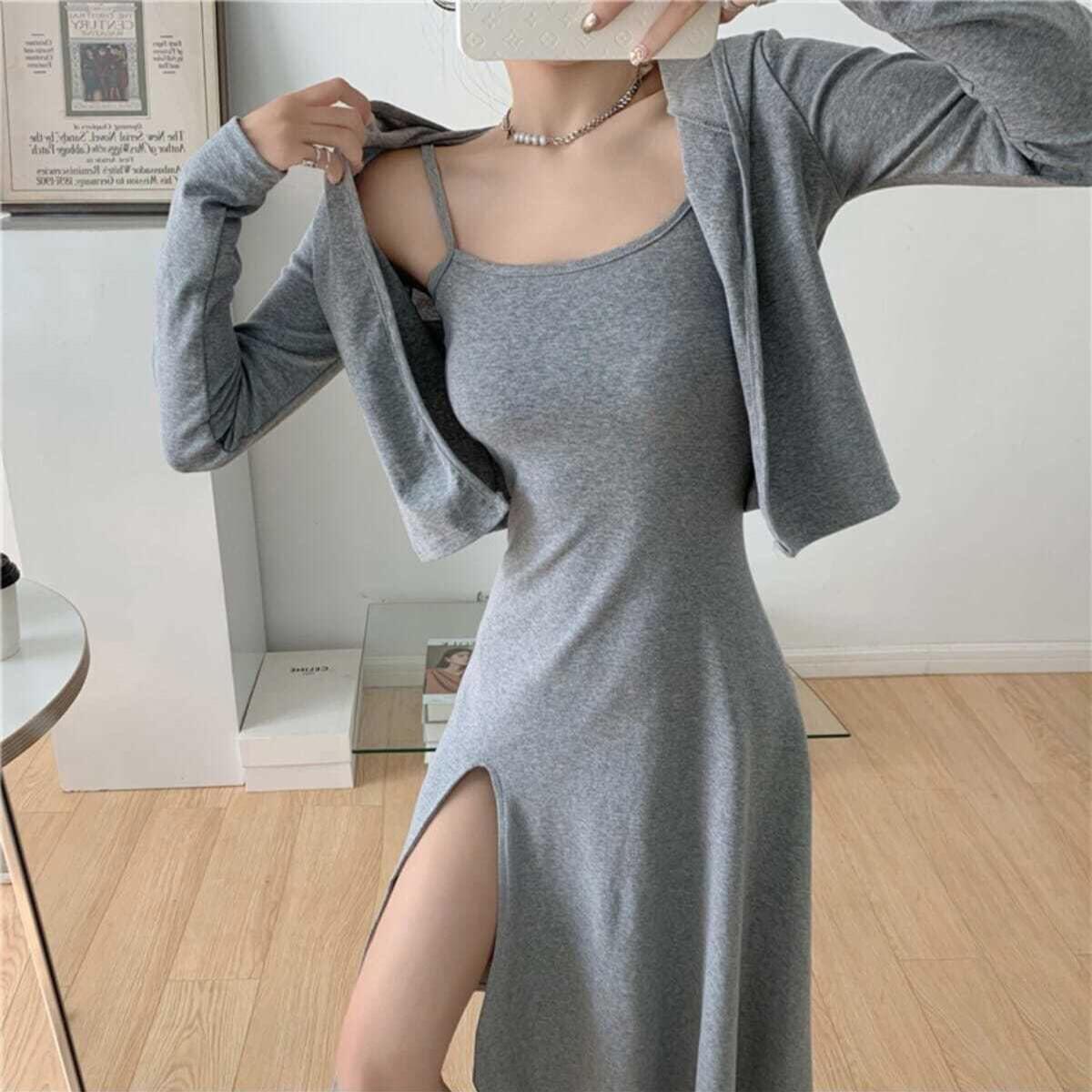 

Женское однотонное облегающее вечернее платье с лямкой на шее и длинными рукавами, кардиган с капюшоном из двух частей