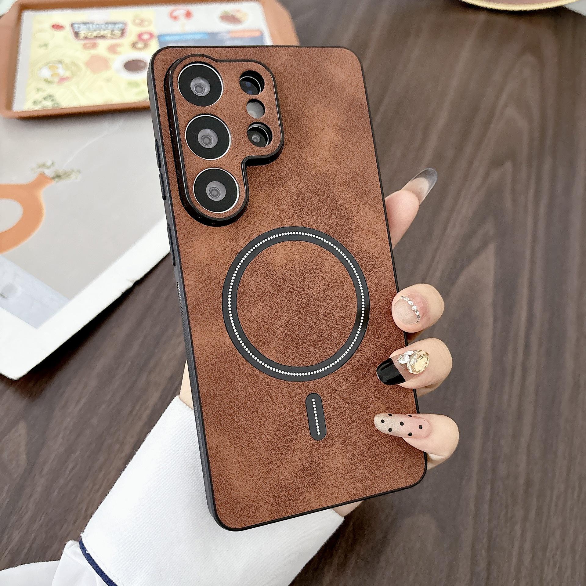 Lambskin Magnetic Ultra Phone Case for Samsung S23, S24, S25, S26 - Premium Protective Leather Cover S21 FE темно-коричневого
