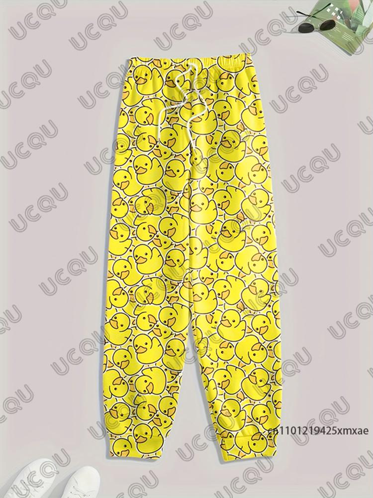 

Мужской спортивный костюм из 2 предметов: футболка с коротким рукавом и длинные брюки, с принтом желтого утенка, летний, джоггеры, спортивная одежда, повседневная одежда 4XL