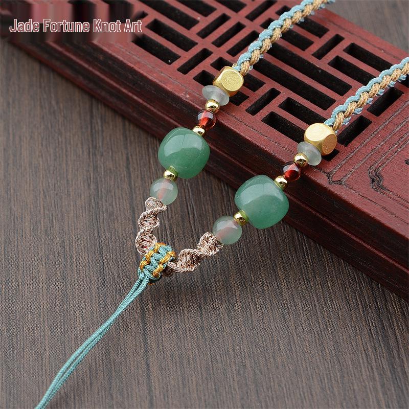 Four-Strand Braided Necklace Lanyard with Jadeite, White Agate, and Dongling Jade Pendant