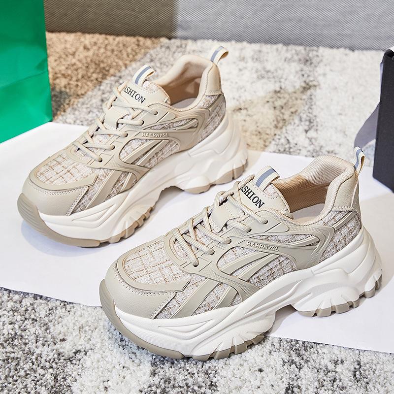Absorbent sole women's shoes spring 2025 new sports shoes thick sole heightening running shoes children's casual leather dad shoes