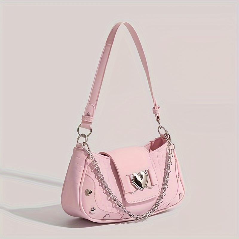 Y2K Style Sweet & Edgy Heart Decor Shoulder Bag for Women - Detachable Chain Strap, Zipper Closure, , Polyester Lining, Oil-Edged Finish