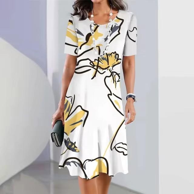 Elegantes Damen-Mode-Midikleid mit kurzen Ärmeln und 3D-Druck, Übergröße, Strandbekleidung