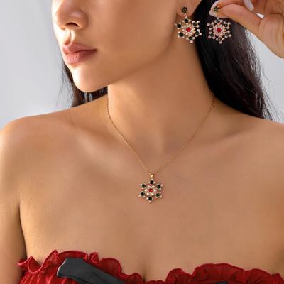 Christmas Colorful Flower Rhinestone Drop Earrings for Women Delicate Snowflake Enamel Necklace Fashion Festival Jewelry Set