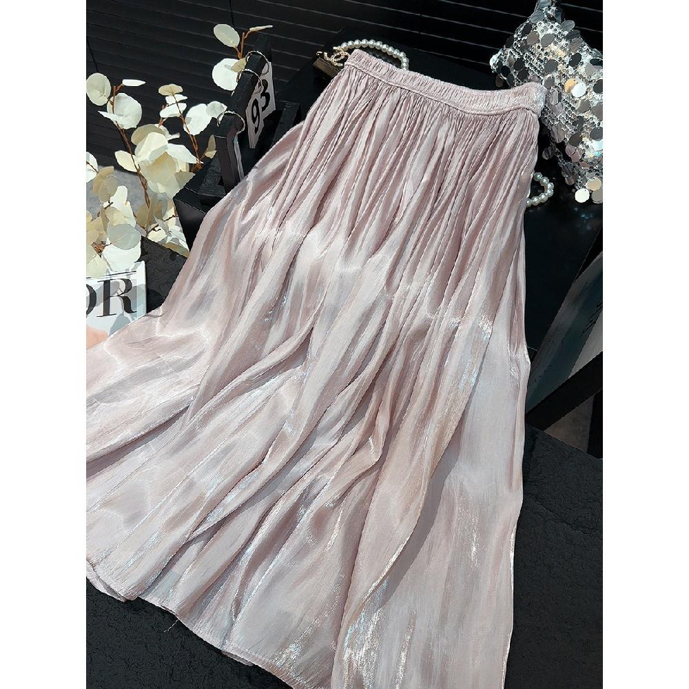 Retro Style Fashionable Pleated Drooping Slimming High Waist A- Line Skirt High-Grade Glossy Pearlescent Chiffon Pleated Skirt