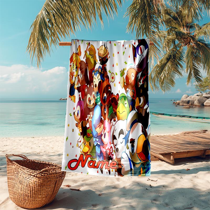Personalized customized proof beach towel with Animal Crossing pattern - soft, absorbent, quick-drying, perfect swimming, camping&bathing