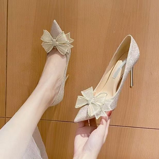 Rhinestone Celebrity Temperament Comfortable Wear-resistant High Heels 2025 Spring and Autumn New French Pointed Bow Single Shoes