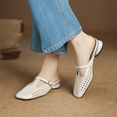 Mode Neue Sommer Hausschuhe Echtleder Hausschuhe für Damen Mode Ausgeschnittene Pantoletten Eckige Zehenpartie Niedriger Absatz Zehenbedeckende Hausschuhe Sandalen