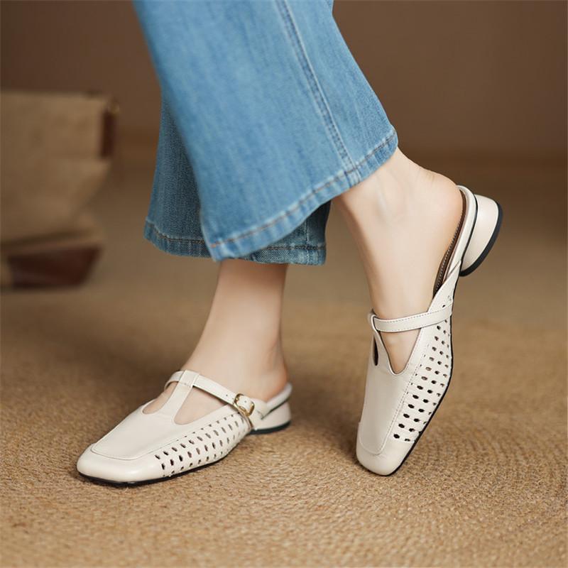 Fashion New Summer Slippers Genuine Leather Slippers for Women Fashion Hollow Out Mules Square Toe Low Heels Cover Toe Slippers Sandals