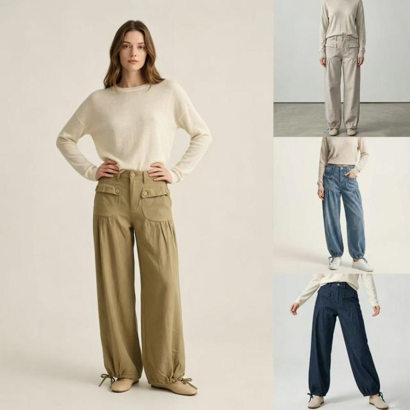 Womens Wide Leg Jeans Loose Fit Pocket Design Ruffled Cuffs Washed Denim Mid Waist Long Pants