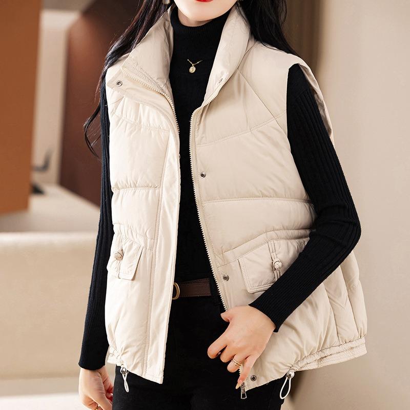 New stand-up collar women's style down cotton vest short vest solid color temperament large pocket vest