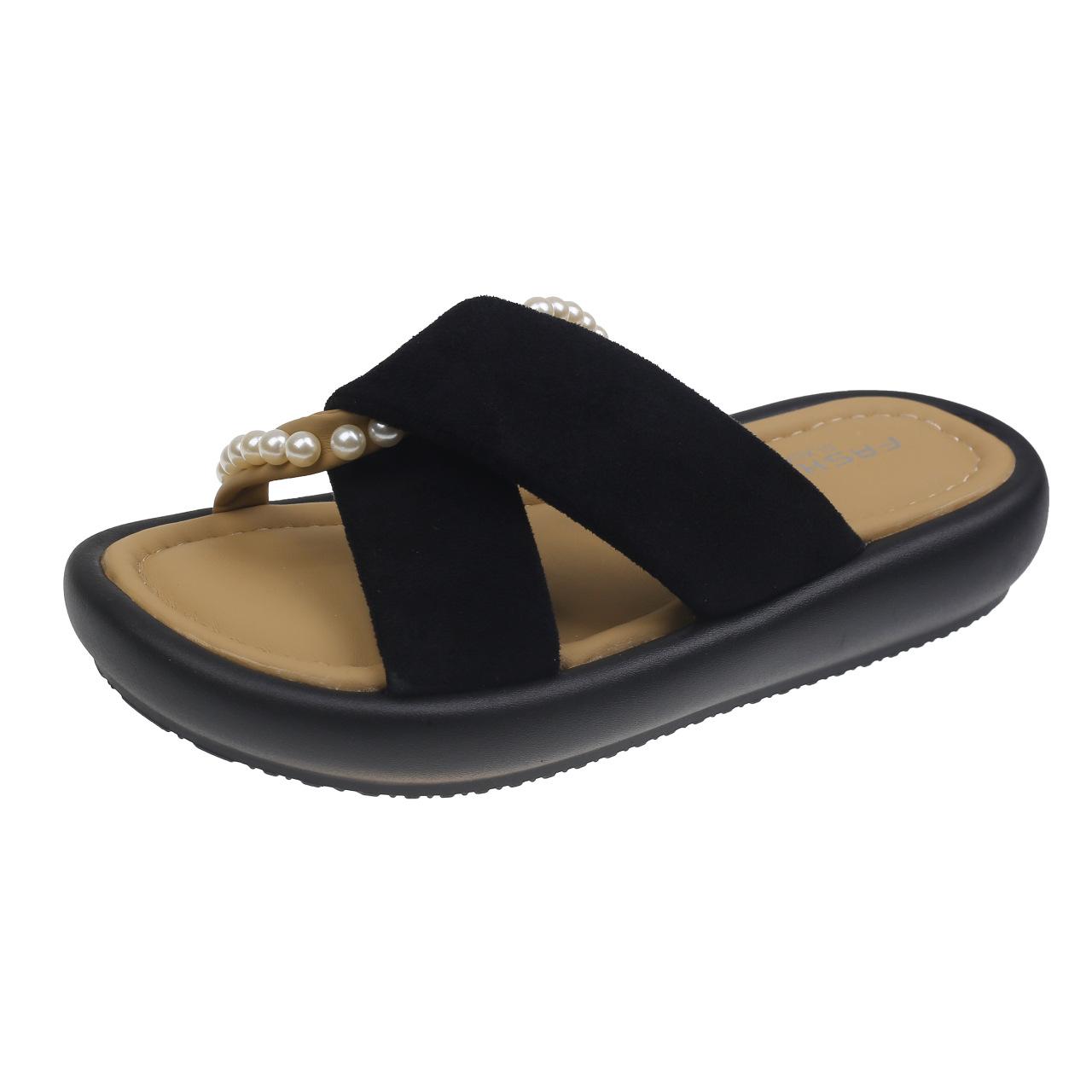 

Фея ветер тапочки на толстой подошве женские лето 2025 новая мода бисер с открытым носком уличная одежда маффин тапочки на одной перемычке крутые 40 чёрный