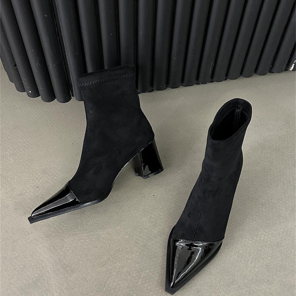 European and American Pointed High-heeled Short Boots 2025 New Autumn and Winter Niche Design Splicing Thin Boots Temperament Thick Heel Fashion Boots