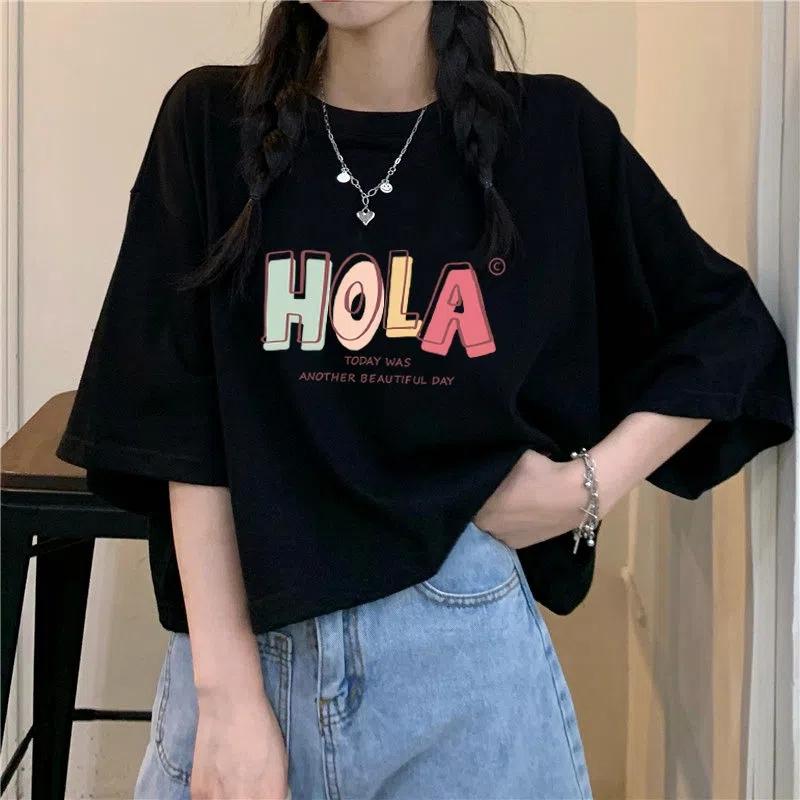 Summer Cotton Fashion Short Sleeved T-shirt Women's Black Lazy Style Small Loose Short Top