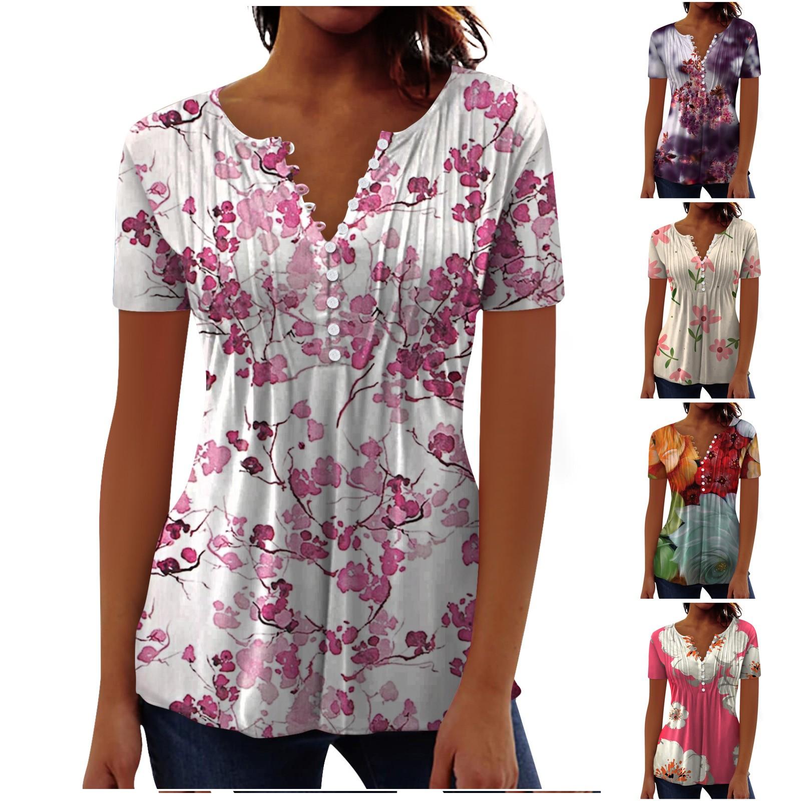 

Женская модная повседневная футболка с коротким рукавом с круглым вырезом и цветочным принтом, топ