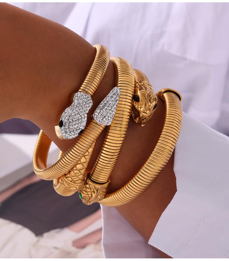 18K Gold Plated Zirconia Inlaid Titanium Steel Snake Head Tail Chain Bracelet