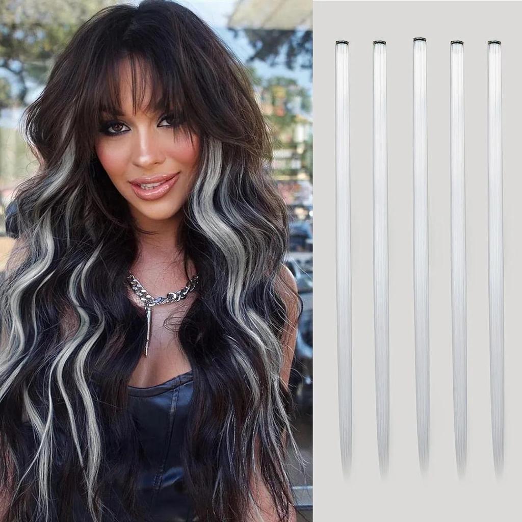 ALAN EATON 22 Inches 5Pcs/Pack Sparkle Hair Extensions Clip In Rainbow Shiny Sparkle Hair Tinsel Heat Resistant Sparkle Hair Extensions