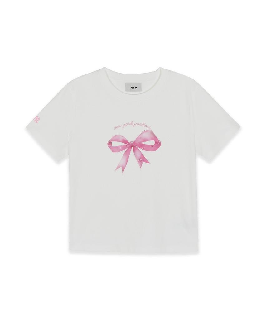 Emelbi Women'S Ribbon Graphic Slim Semi-Crop Short Sleeve T-Shirt Ny (White)