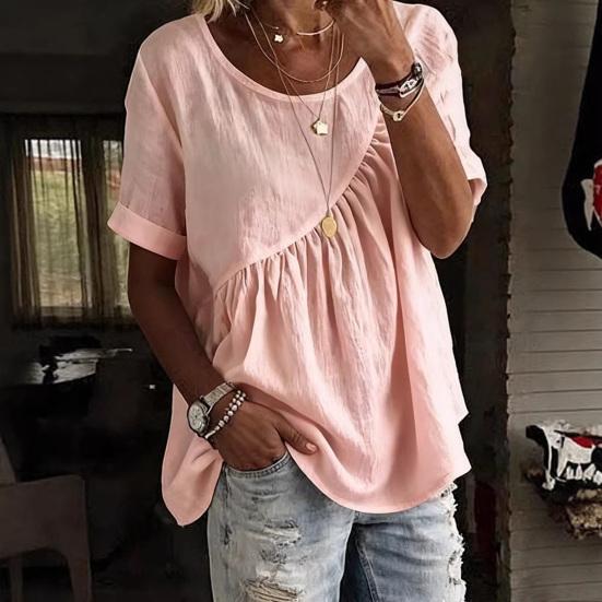 Damen-T-Shirt mit Rundhalsausschnitt, kurzen Ärmeln und Rüscheneinsatz, einfarbig, locker geschnitten, lässiges Sommertop