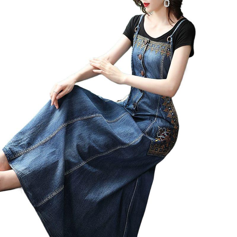 Ethnic Embroidered Denim Strappy Maxi Dress - Slimming Ankle-Length Style