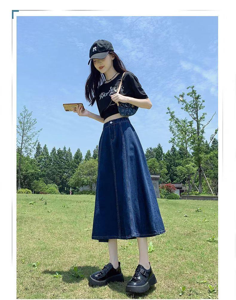 2024 High Waist Retro Denim Midi Skirt: Slimming, Fashionable, Hip-Covering Draped Design