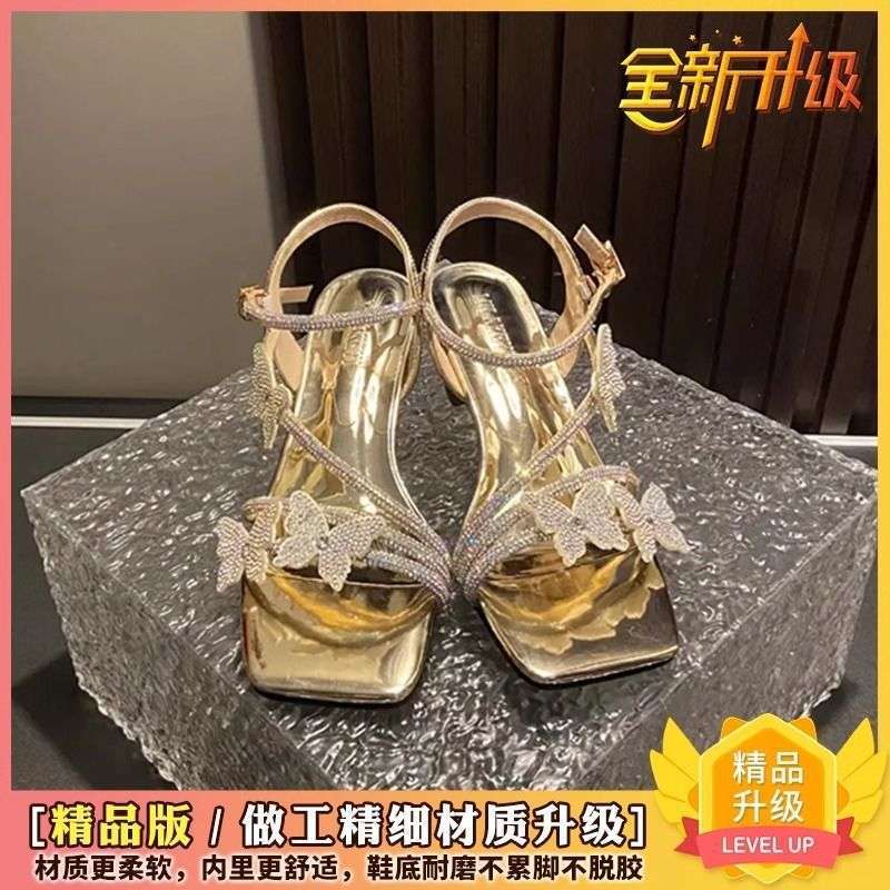 Rhinestone French Summer Sandals Women's 2025 New Summer Wear Exquisite High-end Feeling Not Tired, Middle Heel High Heels