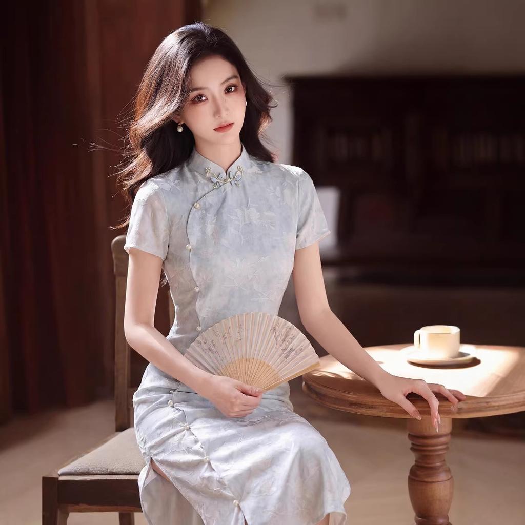 New Chinese soft mist powder jacquard short-sleeved cheongsam female slim and thin dress literary and retro commuter daily skirt