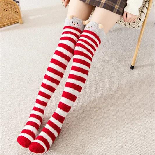 Over Above Knee Socks Long Womens Striped Panda Cat Winter Warm Ladies Girls Black White Funny Thigh High Stockings Christmas