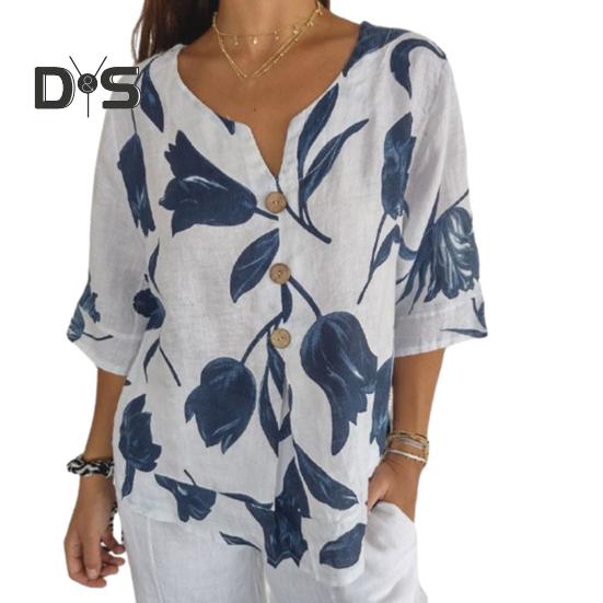 

Женская рубашка весна-лето с V-образным вырезом, однобортная, контрастного цвета, с принтом листьев, рукав три четверти, свободная, в стиле ретро, тонкая, мягкая, дышащая, женская блузка M белый