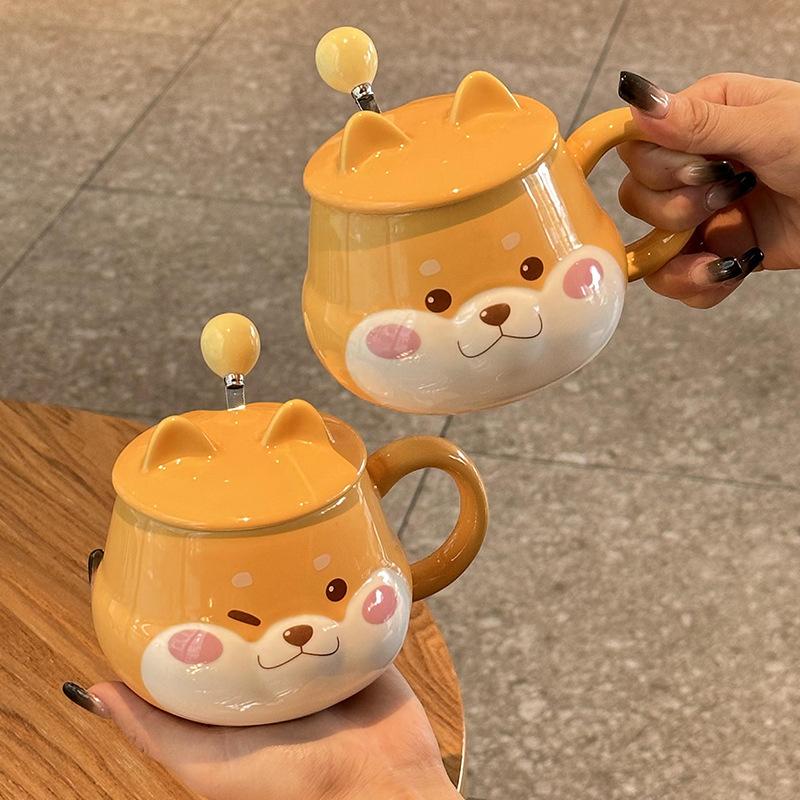 Cute Shiba Inu Coffee Mug Cartoon Animal Ceramic Milk Mug Creative Ceramic Mug with Lid and Spoon Kitchen Drinking Utensils