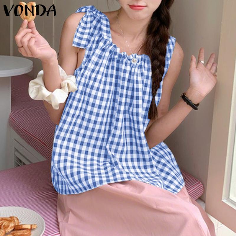 VONDA Women Summer Bow Strap Sleeveless Plaid Print Casual Ruffled Tank Tops